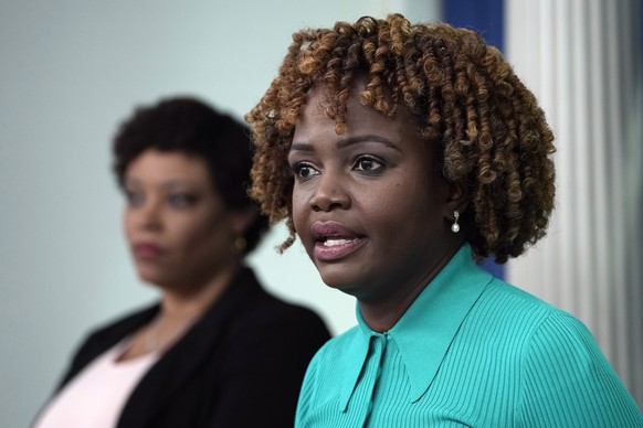 White House press secretary Karine Jean-Pierre, right, speaks during the daily briefing with Office of Management and Budget director Shalanda Young, left, at the White House in Washington, Tuesday, M ...