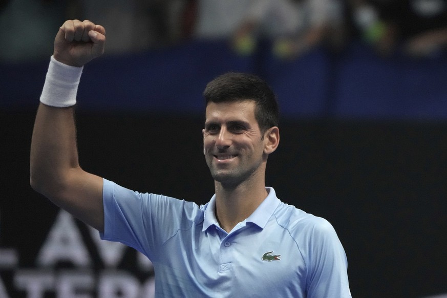 Serbia&#039;s Novak Djokovic celebrates after his win in the final tennis match of the ATP 250 Tel Aviv open against Croatia&#039;s Marin Cilic in Tel Aviv, Israel, Sunday, Oct. 2, 2022. (AP Photo/Ari ...