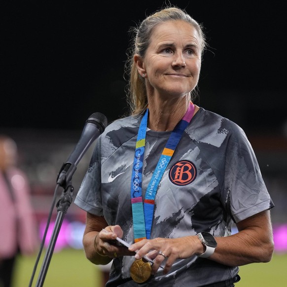 NWSL: Washington Spirit at Bay FC Jul 6, 2024 San Jose, California, USA Bay FC co founder Brandi Chastain speaks after the match against the Washington Spirit at PayPal Park. San Jose PayPal Park Cali ...
