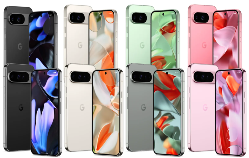 Das Pixel 9 (obere Reihe) gibt es in den Farben Schwarz, Weiss, Hellgrün und Rosa, das Pixel 9 Pro XL (untere Reihe) ist in Schwarz, Weiss, Grau und Rosa erhältlich.