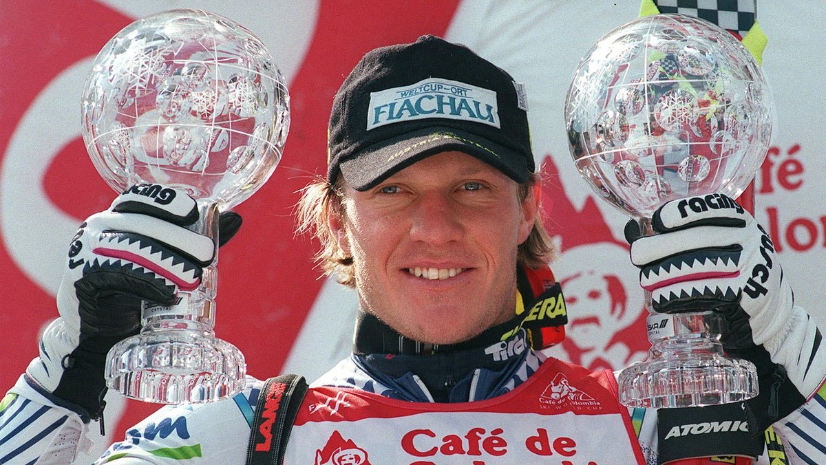 Hermann Maier of Austria holds his two cristal globes, the winner trophies for his victories of the overall men's super-G and giant slalom, in Crans-Montana, Switzerland, on March 14, 1998. (KEYS ...