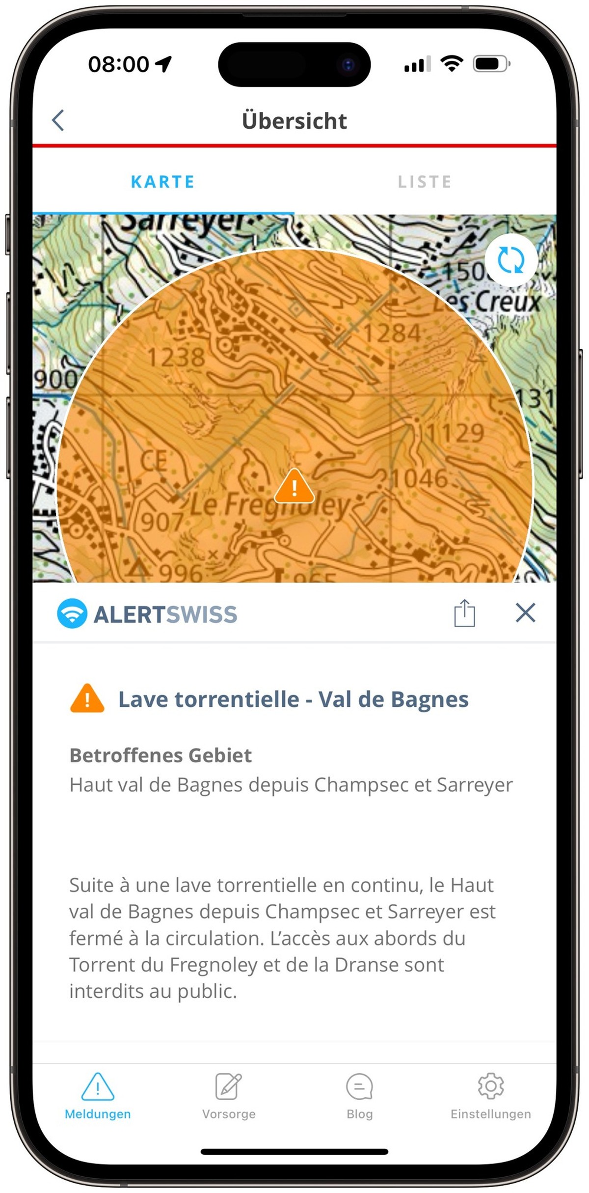 Alertswiss-Meldung zu «Lave Torrentielle» (Murgang) im Wallis (3. Juli 2024).