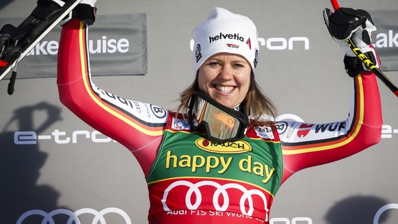 Germany&#039;s Viktoria Rebensburg celebrates winning the women&#039;s World Cup super-G ski race in Lake Louise, Alberta, Sunday, Dec. 8, 2019. (Jeff McIntosh/The Canadian Press via AP)