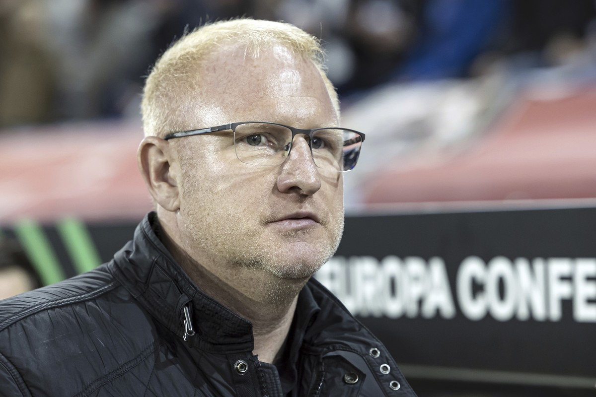 Basel's coach Heiko Vogel looks on during the Europa Conference League play-off second leg soccer match between Switzerland's FC Basel 1893 and Turkey's Trabzonspor at the St. Jakob-Par ...