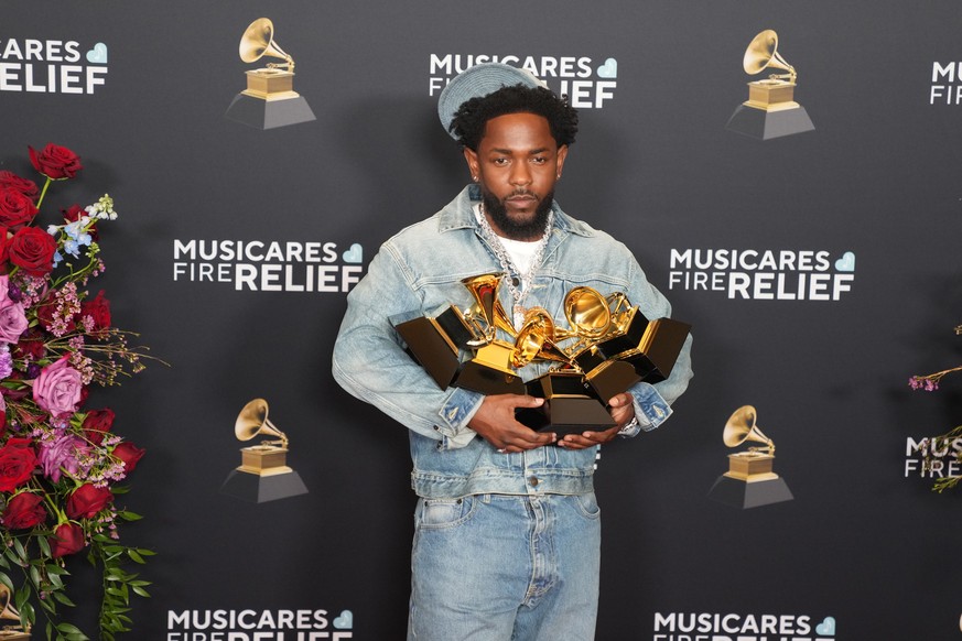 epa11871789 Kendrick Lamar, winner for the Record of the Year, Best Rap Performance, Best Rap Song, Best Music Video, and Song of the Year Award for ?Not Like Us?, poses in the press room during the 6 ...