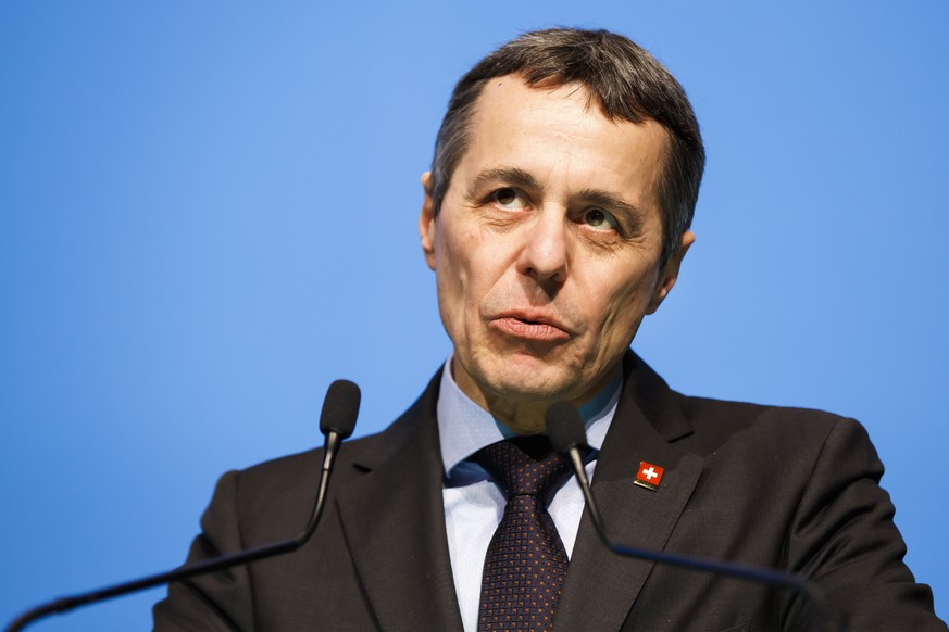 Le Conseiller Federal et chef du Departement federal des affaires etrangeres Ignazio Cassis s&#039;exprime lors d&#039;une conference au sujet des relations Suisse-Europe et de la fiscalite des entrep ...