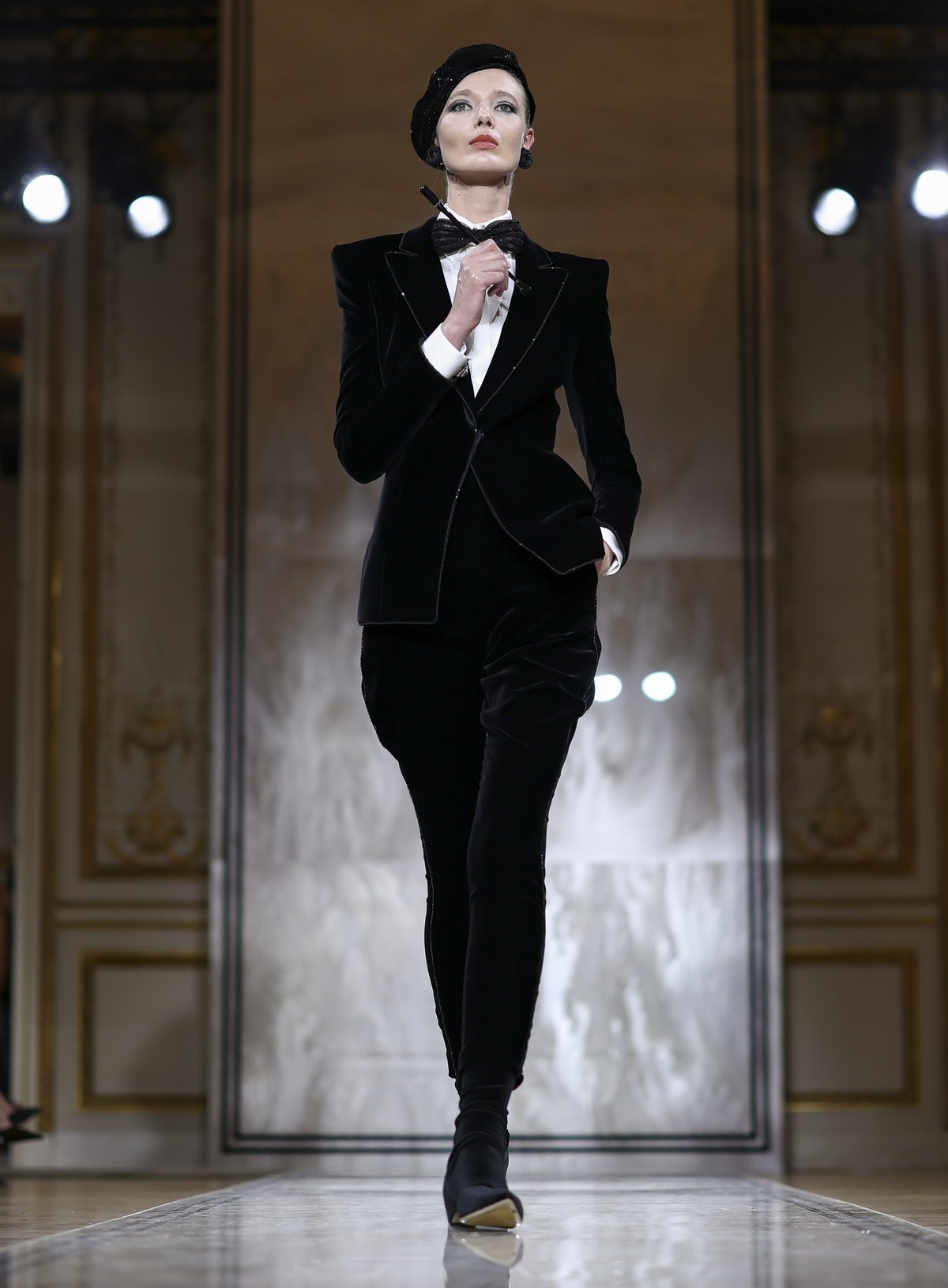 A model wears a creation as part of the Giorgio Armani Prive Fall-Winter 2025/26 Haute Couture collection presented Tuesday, July 8, 2025, in Paris. (AP Photo/Tom Nicholson)
France Fashion Giorgio Arm ...