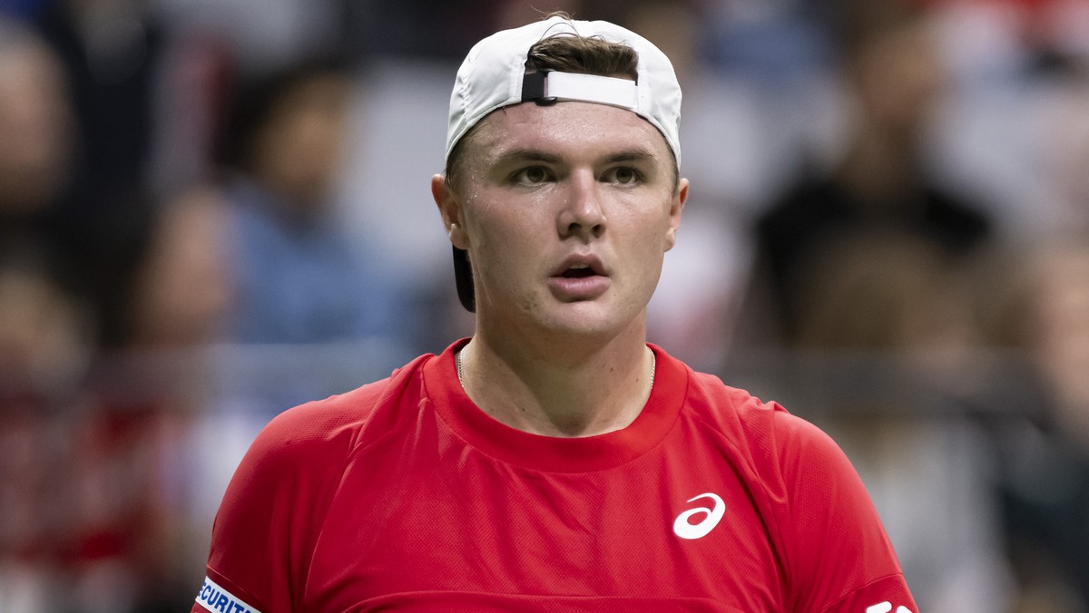 Switzerland's Dominic Stricker reacts during the Davis Cup World qualifiers match against Spain's Pedro Martinez, in the Swiss Tennis Arena in Biel, Switzerland, Saturday, February 1, 2025.  ...