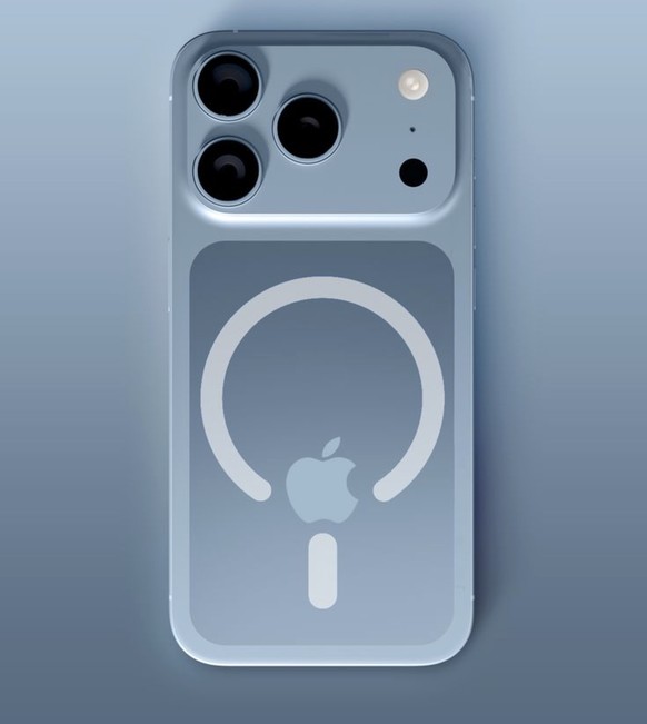Visualisierung zum iPhone 17 Pro aus Aluminium, mit neuem Kamera-Modul auf der Rückseite und Glasfläche darunter für das kabellose Aufladen.