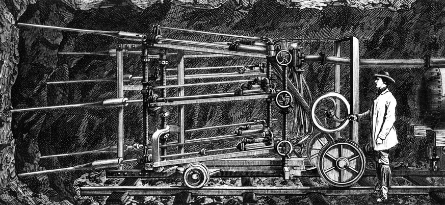 SCHWEIZ GOTTHARD BAHN BAU 1880
Bohrmaschine beim Tunnelbau des Gotthard-Eisenbahntunnels in den 1870er-Jahren, nach einem undatierten Stich. Die Bauarbeiten dauerten von 1871 bis 1880. Louis Favre (18 ...