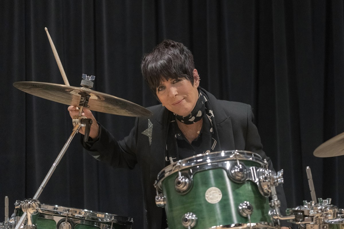 Songwriter Diane Warren sits at the drums in her studio at the Realsongs Diane Warren Music Company in Los Angeles, Tuesday, Nov. 15, 2022.Warren will receive an honorary Oscar at the annual Governors ...