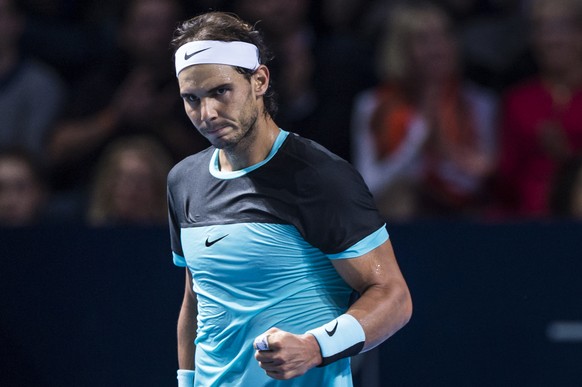 Spain&#039;s Rafael Nadal cheers during their semifinal match against France&#039;s Richard Gasquet at the Swiss Indoors tennis tournament at the St. Jakobshalle in Basel, Switzerland, on Saturday, Oc ...