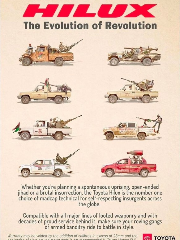 Whether you're planning a spontaneous uprising, open-ended jihad or a brutal insurrection, the Toyota Hilux is the number one choice of madcap technical for self-respecting insurgents across the  ...