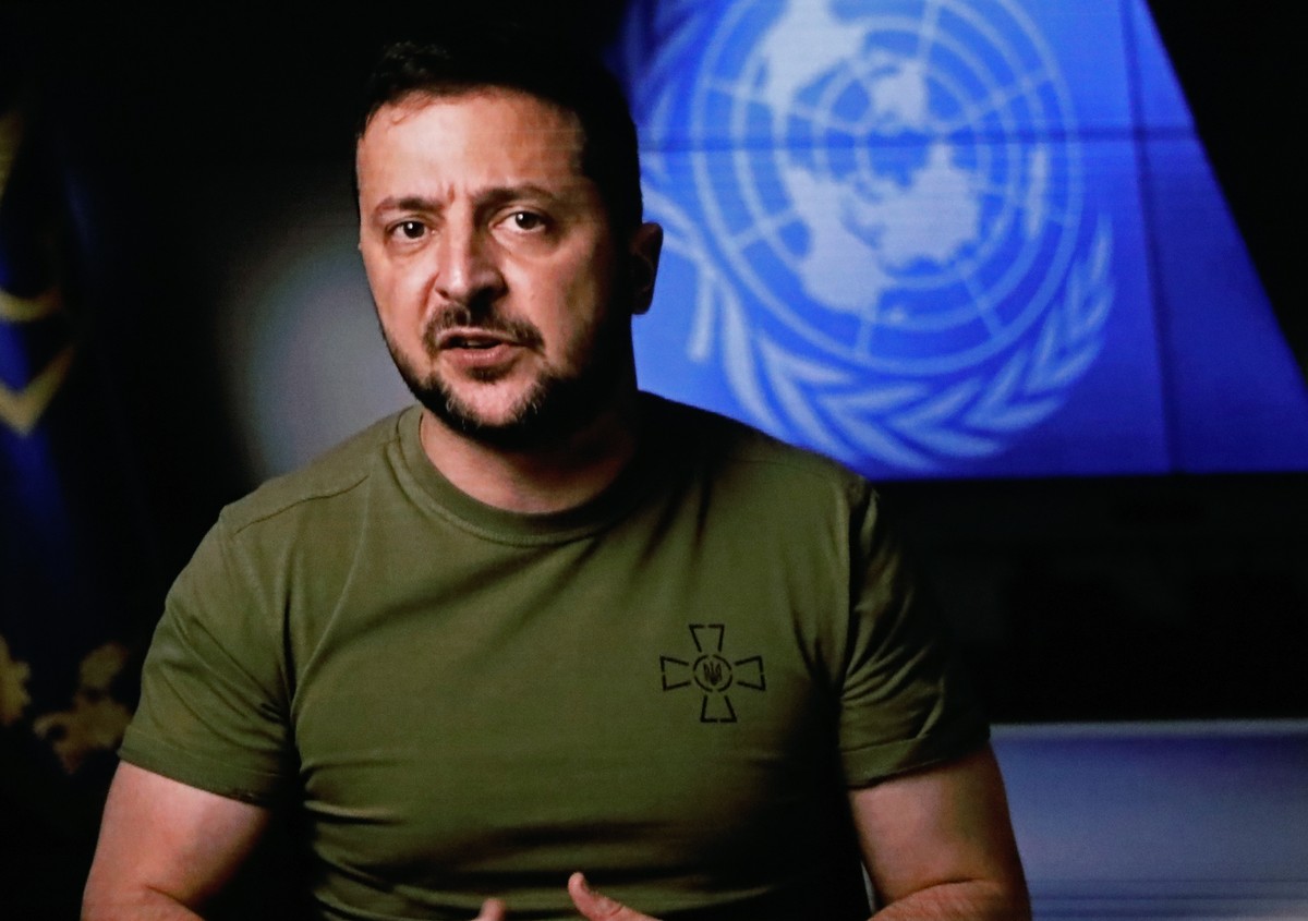 epa10197957 President of Ukraine, Volodymyr Zelenskyy delivers his video address during the 77th General Debate inside the General Assembly Hall at United Nations Headquarters in New York, New York, U ...