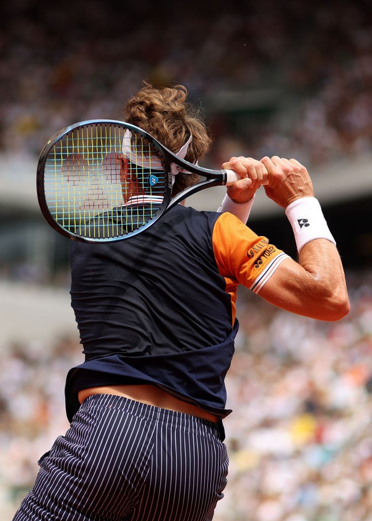 PARIS, FRANCE - JUNE 11: Casper Ruud of Norway plays a backhand against during the Men's Singles Final match on Day Fifteen of the 2023 French Open at Roland Garros on June 11, 2023 in Paris, Fra ...