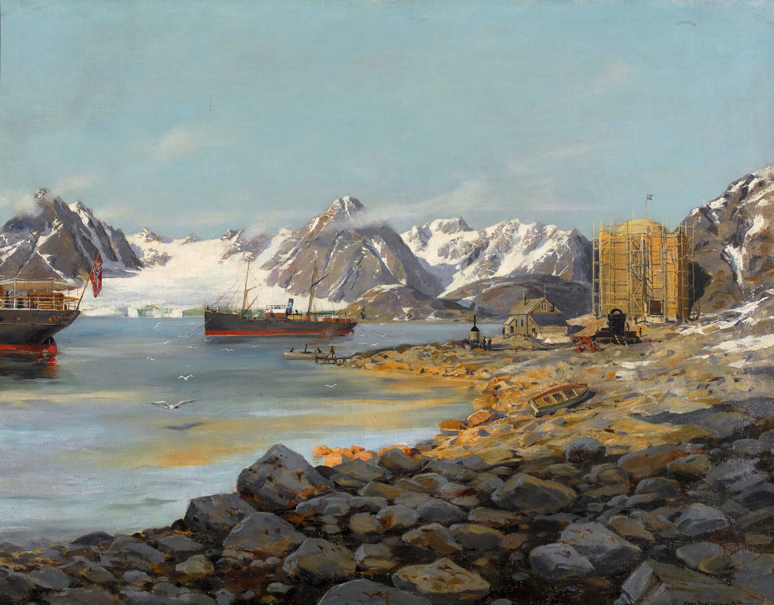 Das Basislager der legendären Expedition von Salomon A. auf Danskøya im Nordwesten Spitzbergens: Bei diesem Ölbild handelt es sich um das bekannteste Spitzbergen-Werk von Hans Beat Wieland. Das angesc ...