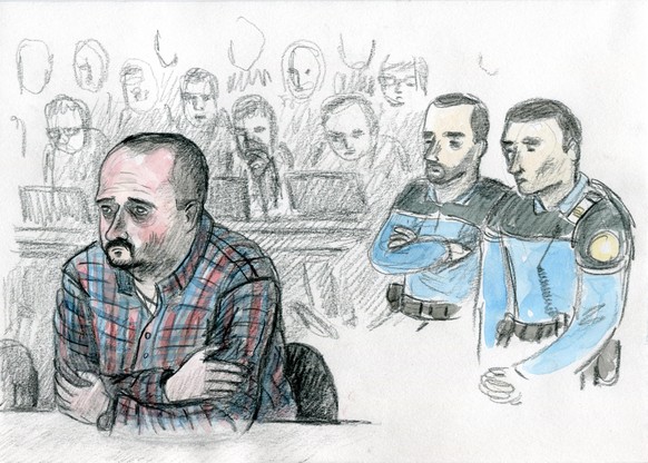 GERICHTSZEICHUNG - Un dessin, montre Claude D. qui reagit entoure de deux policiers pendant l&#039;enonce du verdict du proces de l&#039;assassin de Marie, Claude D. devant le Tribunal criminel canton ...