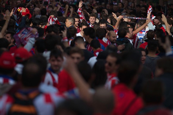 MADRID, SPAIN - APRIL 14: Atletico Madrid fans soak up the pre-match atmopshere prior to the UEFA Champions League Quarter Final First Leg match between Club Atletico de Madrid and Real Madrid CF at V ...