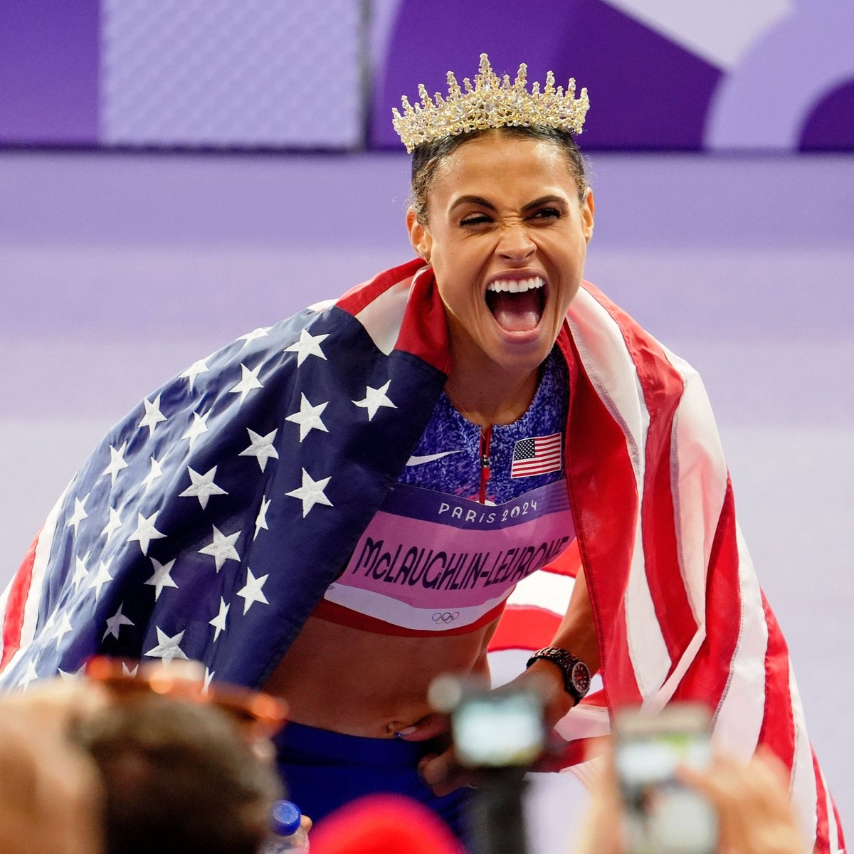 Olympics: Athletics-Evening Session Aug 8, 2024 Paris Saint-Denis, France Sydney McLaughlin-Levrone USA celebrates after winning the womens 400m hurdle final during the Paris 2024 Olympic Summer Games ...