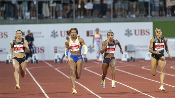 From left , Alja De Ponte (SUI9, Imani Lansiquot (GBR), Celera Barnes (USA) and Mujinga Kambundji (SUI), 100m Women, during the GalAthletics competition in Bellinzona, Sunday 30 August 2026. (KEYSTONE ...