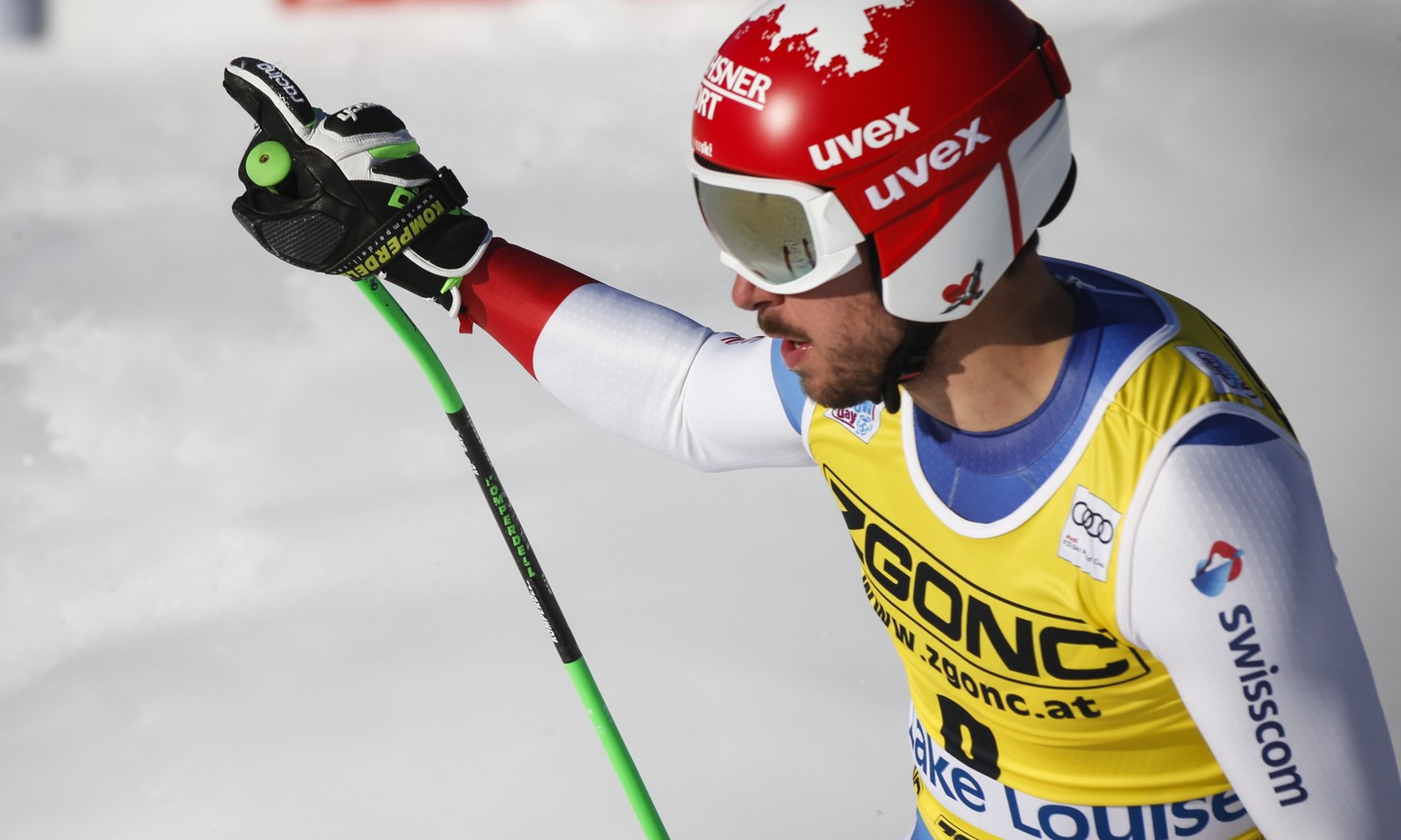 Switzerland&#039;s Carlo Janka reacts in the finish area following his run in the men&#039;s World Cup downhill ski race in Lake Louise, Alberta, Canada, on Saturday, Nov. 30, 2019. (Jeff McIntosh/The ...