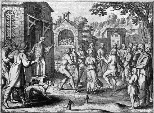 Deutscher Stich eines hysterischen Tanzes auf einem Kirchhof, ca. 17. Jahrhundert. Man beachte den abgetrennten Arm, den der Mann links vom Kreis schwingt.