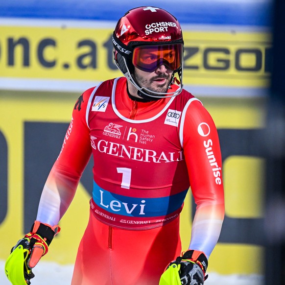 epa12529104 Loic Meillard of Switzerland reacts the finish area during the second run of the men&#039;s slalom race at the FIS Alpine Skiing World Cup event in Levi, Finland, 16 November 2025. EPA/KIM ...