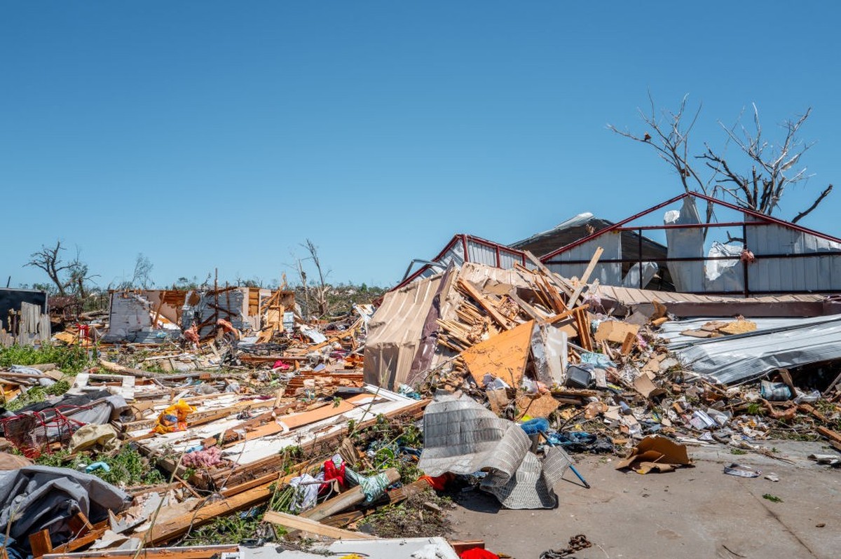 BARNSDALL, OKLAHOMA - MAY 07: Destroyed homes following a tornado on May 07, 2024 in Barnsdall, Oklahoma. Barnsdall, a small town with a population of approximately 1,000 people, was struck last night ...