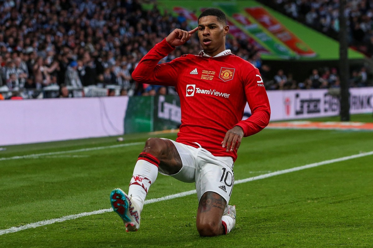 Manchester United, ManU v Newcastle United - Carabao Cup Final Marcus Rashford of Manchester United celebrates after scoring their second goal during the Carabao Cup Final between Manchester United an ...
