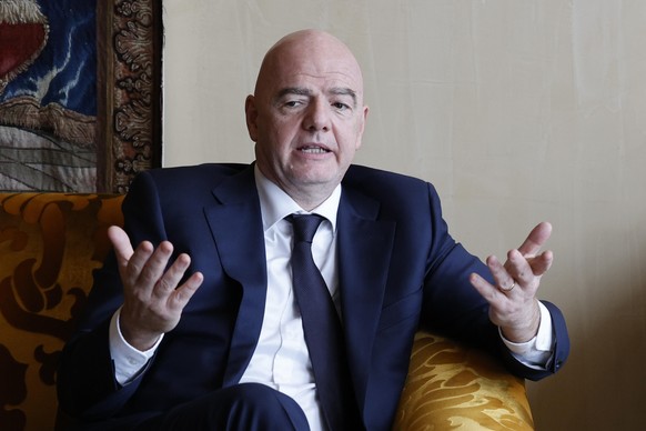 epa11872486 FIFA President Gianni Infantino meets on the sidelines of the Italian soccer federation (FIGC) elective assembly, in Rome, Italy, 03 February 2025. The FIGC holds an assembly to elect thei ...