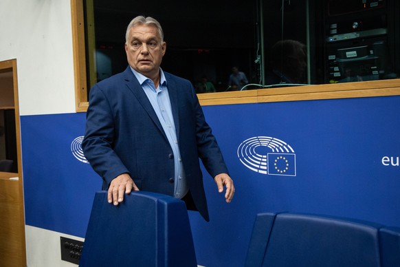 epa11649213 Hungarian Prime Minister Viktor Orban arrives to give a press conferenceahead of a plenary session at the European Parliament in Strasbourg, France, 08 October 2024. EPA/CHRISTOPHE PETIT T ...