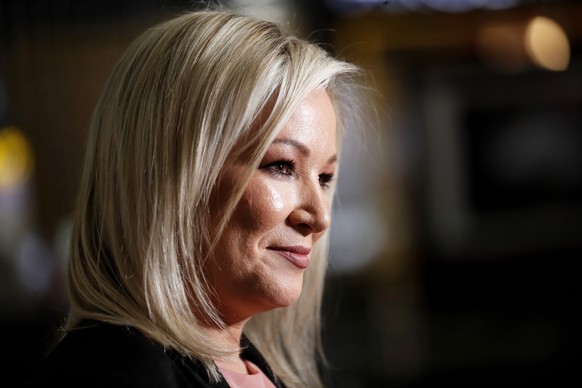 Michelle O&#039;Neill, Sinn Fein leader in Northern Ireland, speaks to the media while out canvassing in West Belfast, Northern Ireland, Tuesday, May 3, 2022. The Sinn Fein election team were out elec ...