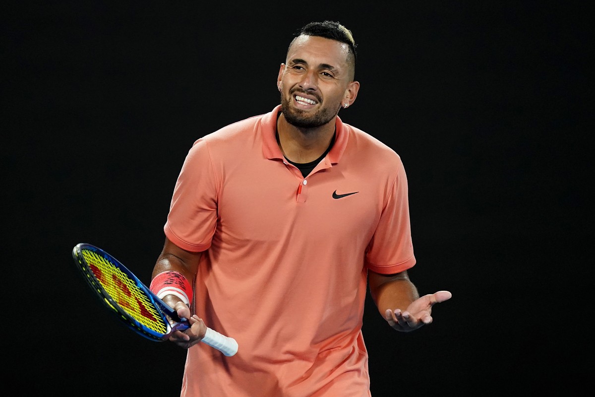 epa08169577 Nick Kyrgios of Australia reacts during his fourth round match against Rafael Nadal of Spain at the Australian Open tennis tournament at Melbourne Park in Melbourne, Australia, 27 January  ...