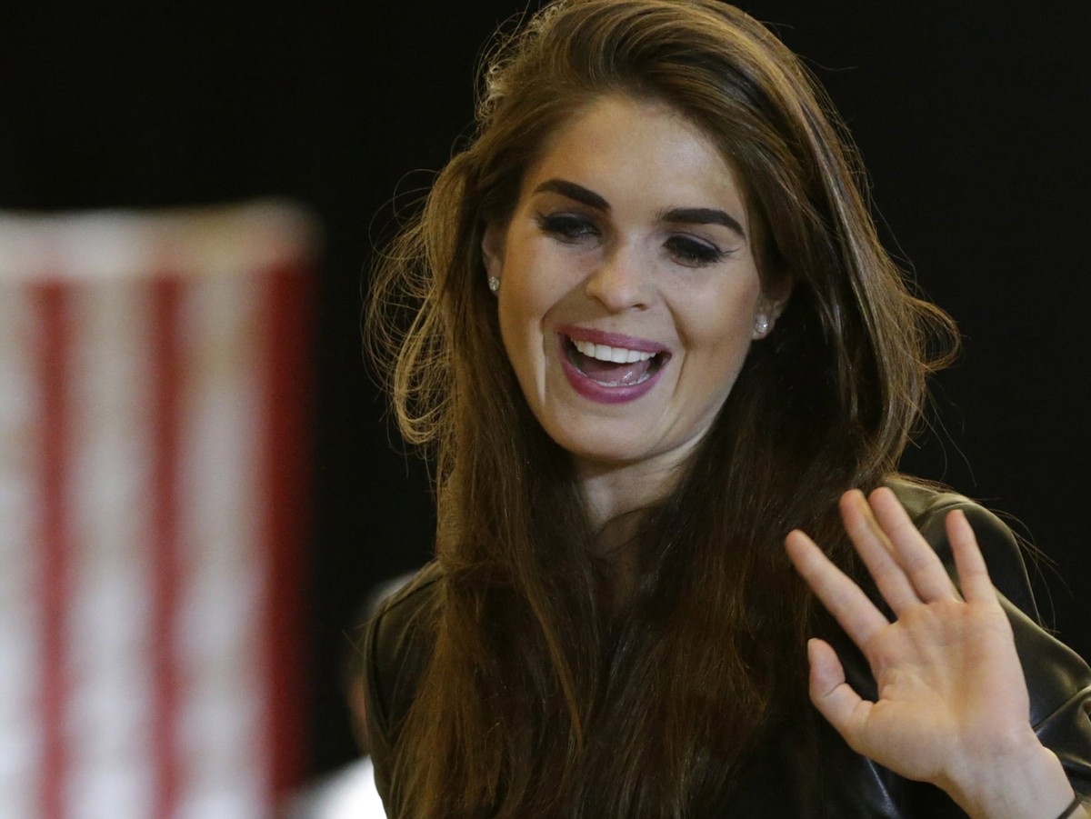 epa06571820 (FILE) - Trump communications director Hope Hicks is seen at the conclusion of Republican presidential candidate Donald Trump's press conference on Veteran affairs in the lobby of Tru ...