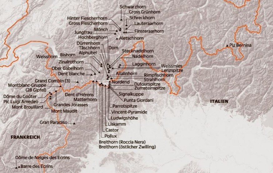 Ob Dufourspitze, Jungfrau oder Montblanc-Gruppe, alles ist dabei.
