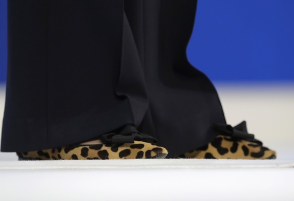 The shoes of British Prime Minister Theresa May as she delivers a speech during the annual meeting of the World Economic Forum in Davos, Switzerland, Thursday, Jan. 25, 2018. (AP Photo/Markus Schreibe ...