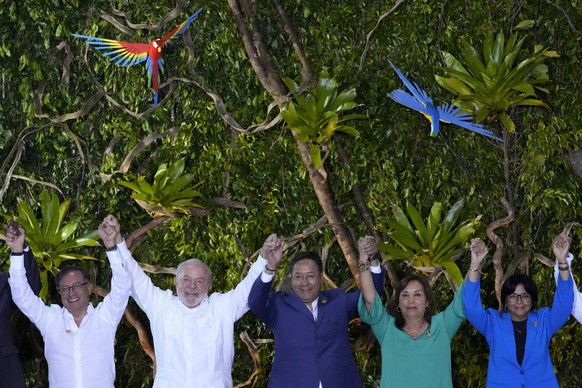 Leaders of South American nations pose for a group photo during the Amazon Summit, at the Hangar Convention Center in Belem, Brazil, Tuesday, Aug. 8, 2023. Pictured are; Colombia&#039;s President Gust ...