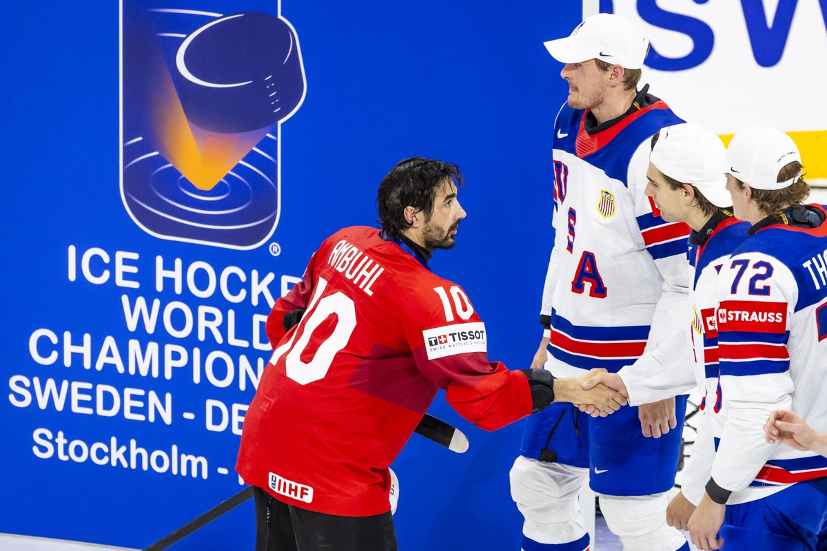 Switzerland's forward Andres Ambuehl reacts after the victory of the team USA during the gold medal game between Switzerland and USA at the IIHF 2025 World Championship, at the Avicii Arena (Glob ...