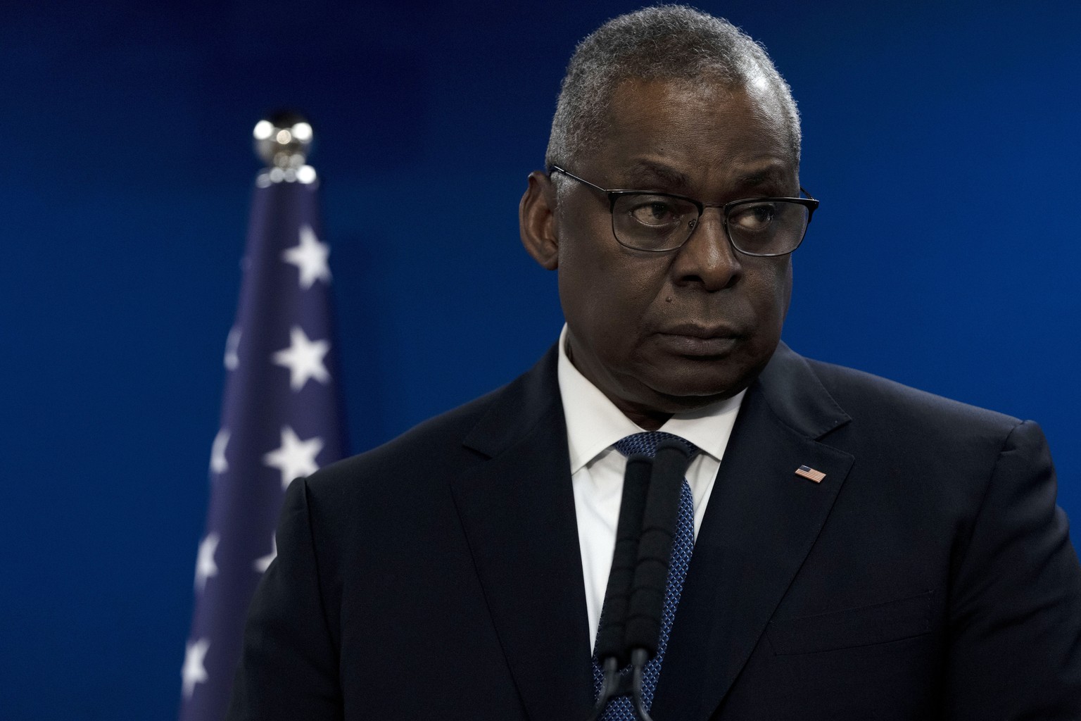 U.S. Secretary of Defense Lloyd Austin makes a joint statement with Israel Minister of Defense Yoav Gallant, after their meeting about Israel&#039;s military operation in Gaza, in Tel Aviv, Israel, Mo ...