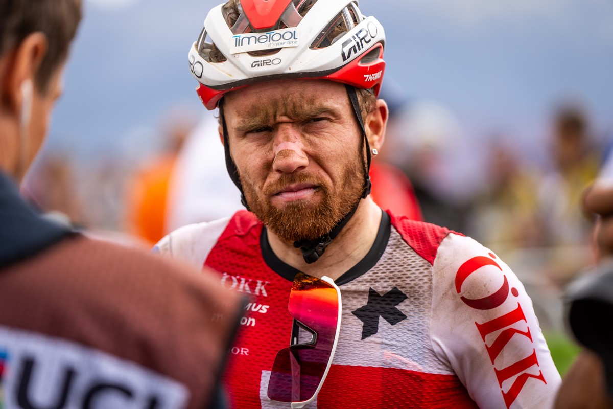 Mathias Flueckiger from Switzerland, after the UCI Cross Country Men Elite, XCO, Mountain Bike World Championship, on Sunday, September 1, 2024, in Pal Arinsal, Andorra. (KEYSTONE/Maxime Schmid)