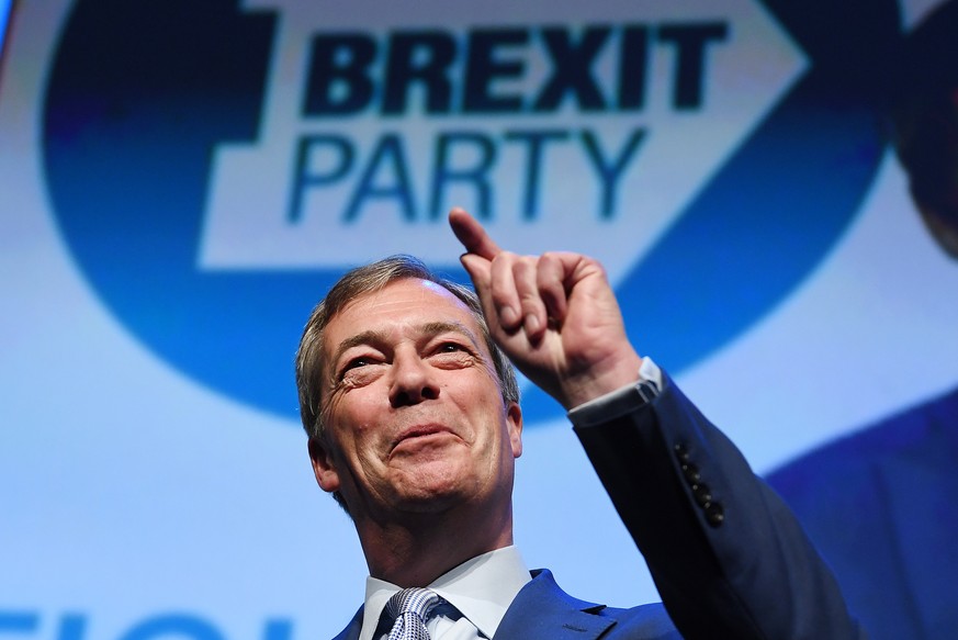 epa07503826 Brexit Party leader Nigel Farage speaks at a Brexit Party rally in Birmingham, Britain, 13 April 2019. Farage launched his new political party, the Brexit Party, in Coventry on 12 April 20 ...