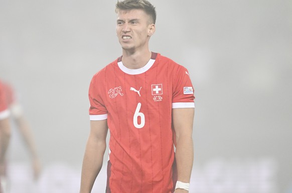 Switzerland&#039;s Christian Witzig reacts during the UEFA Nations League Group D soccer match between Switzerland and Denmark, on Tuesday, October 15, 2024, at the kybunpark stadium, in St. Gallen, S ...