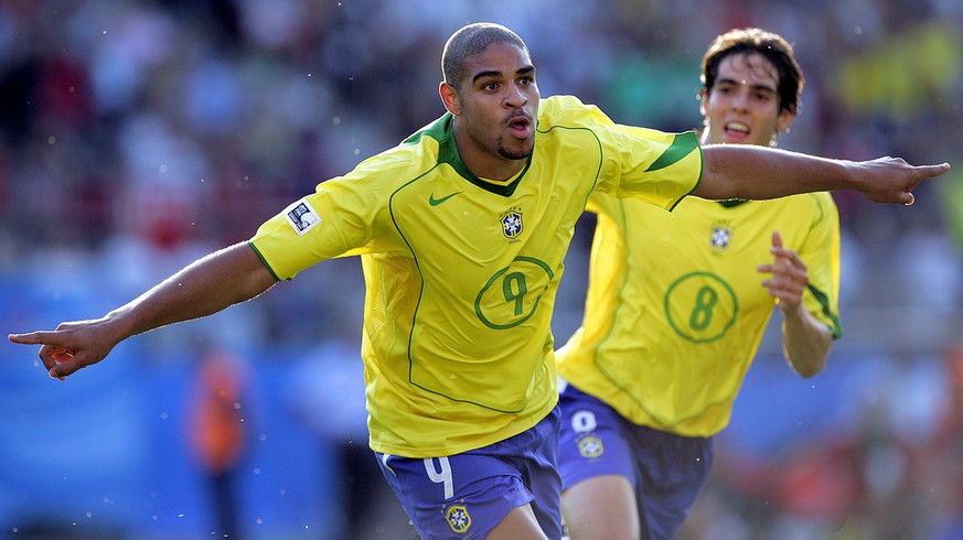 Brazil's Adriano, left, celebrates with teammate Kaka after scoring his sides 3rd goal during the Confederations Cup semi final between Germany and Brazil in Nuremberg, Germany Saturday June 25, 2005. ...