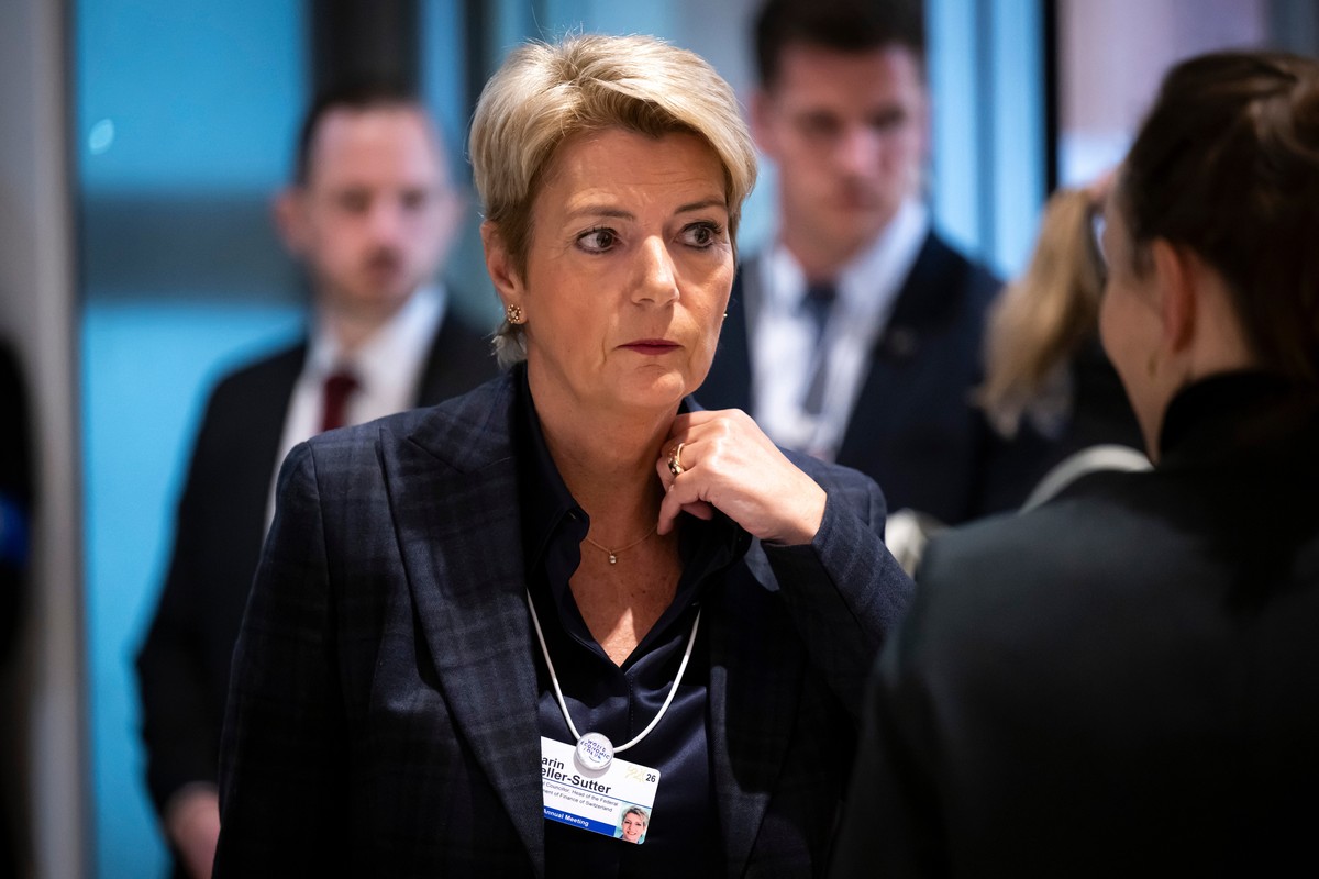 Switzerland's Economy Minister Federal councillor Karin Keller-Sutter waits in a corridor of the Congress Centre prior to a bilateral meeting at the World Economic Forum, WEF, in Davos, Switzerla ...