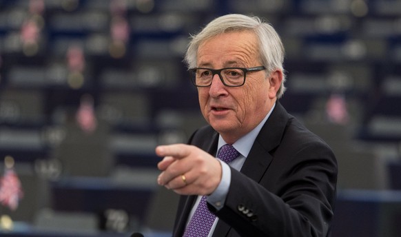 epa06442688 Jean-Claude Juncker, the President of the European Commission, delivers his speech at the European Parliament in Strasbourg, France, 16 January 2018, during the debate about the EU summit  ...