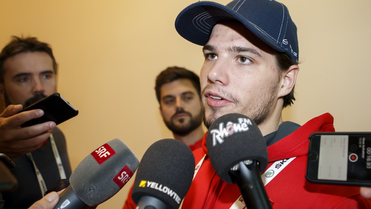 Switzerland's players forward Kevin Fiala speaks to the Swiss media during a briefing, at the IIHF 2018 World Championship, in Copenhagen, Denmark, Sunday, May 13, 2018. (KEYSTONE/Salvatore Di No ...