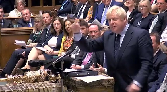 epa07816401 A grab from a handout video made available by the UK Parliamentary Recording Unit shows British Prime Minister Boris Johnson in the House of Commons in London, Britain, 04 September 2019.  ...