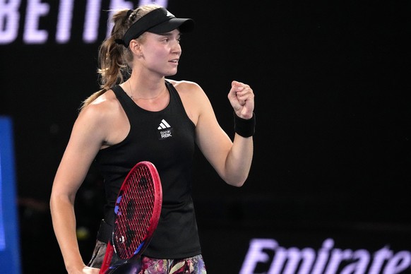 Elena Rybakina of Kazakhstan reacts after defeating Jelena Ostapenko of Latvia in their quarterfinal match at the Australian Open tennis championship in Melbourne, Australia, Tuesday, Jan. 24, 2023.(A ...