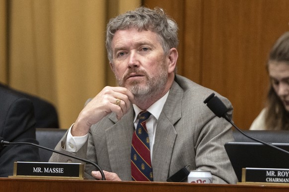 FILE - Rep. Thomas Massie, R-Ky., listens during a joint subcommittee hearing of the House Judiciary Committee, on Capitol Hill, April 1, 2025, in Washington. (AP Photo/Mark Schiefelbein, File)
Thomas ...
