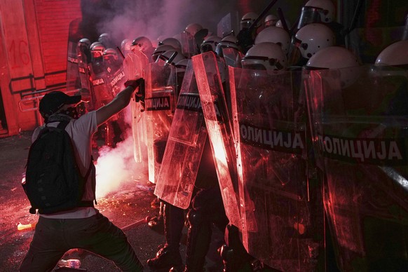Anti-government protesters clash with the riot police during a protest against increasing police brutality in the northern Serbian city of Novi Sad, Friday, Sept. 5, 2025. (AP Photo/Darko Vojinovic)
A ...